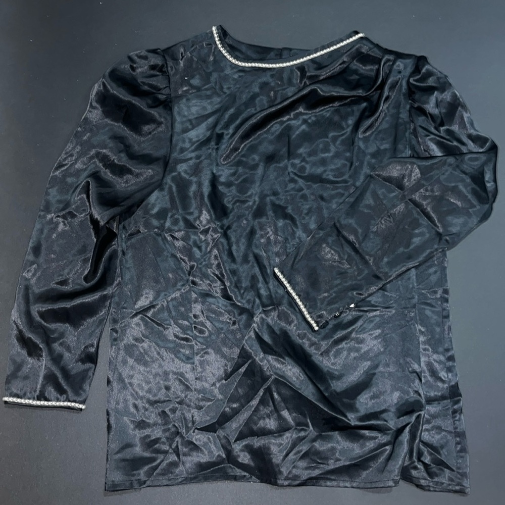 Vintage black silk-feel long sleeve shirt, with pearl accented neckline